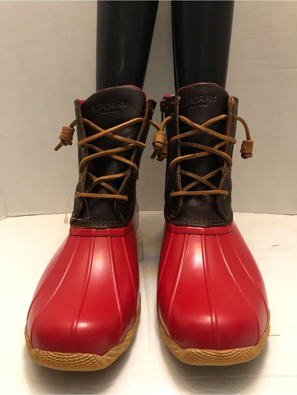 Sperry Red and Brown Waterproof Lace-Up Rain Boots